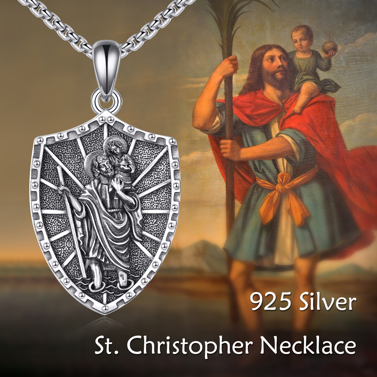 Men's 925 Sterling Silver Saint Christopher Pendant Necklace